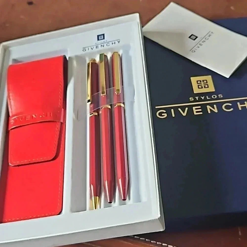Givenchy Red Ballpoint Pens and Pencil set with Case & Original Box (Black ink)